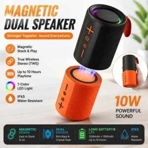 Magnetic Stackable BT 5.3 Speaker with TWS Stereo Dual 10W RGB LED Light IPX5 Waterproof for Outdoor Party Home Entertainment