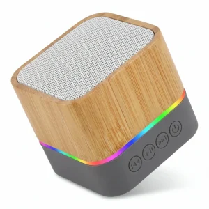 Mini Bamboo Wooden BT Speaker 5W HiFi Sound 3D Surround Bass LED Atmosphere Light Portable for Travel Office