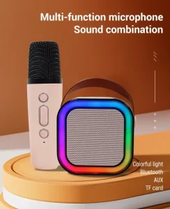 Mini Portable Karaoke Speaker with Wireless Microphone and Colorful Lights Metal Active RGB