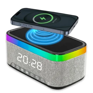 Multifunction 15W Wireless Fast Charger RGB Night Light Temperature Time Digital Alarm Clock Portable Charging Speaker