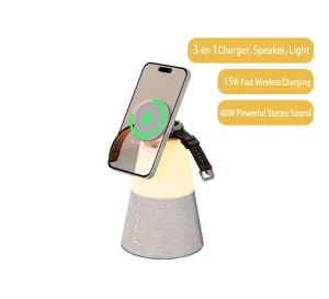 Multifunctional 3 in 1 Portable Magnetic Fast Wireless Charger Bluetooth Stereo LED Lamp Light Bulb Speaker Phone Holder