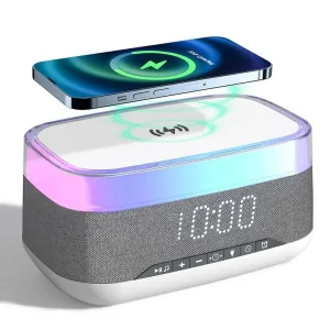 Multifunctional Battery Powered Wireless Charger Alarm Clock Speaker with RGB Light for Mobile Phone