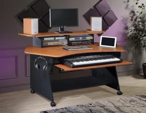 Music Recording Studio Desk with Piano Keyboard Tray Recording Studio Workstation Table with Stands Bottom Shelf