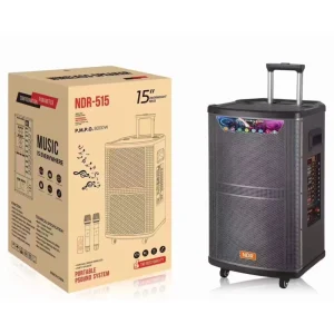 NDR 515 Professional 15 inch BT Stereo HIFI Wooden Wireless RGB Battery Karaoke Speaker Big Bass Trolley IPX5 Waterproof Outdoor