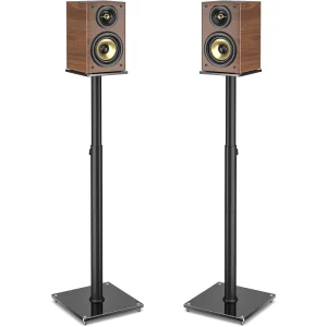 One Pair Height Adjustable Floor Speaker Stand with Non-Slip Shockproof Pads for Surround Sound, Black Tempered Glass Base