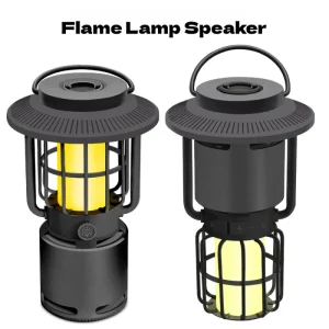 Outdoor Camping Waterproof Rechargeable Speaker with Flame Light Up and Down Rotating Button Control 5-10W Output