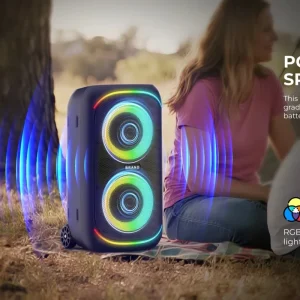 Outdoor RGB Party Speaker 10W IPX4 Waterproof Telescopic Handle 360 Bass Wheeled Design for Remote Boombox