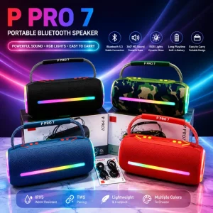 PRO7 RGB Portable Wireless Speaker with Carrying Strap Outdoor Camping Emergency Heavy Bass Rugged Soundbox