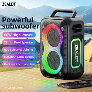 PT02 60W Portable RGB LED Wireless Speaker 8000mAh Battery for 5.3 IPX6 Waterproof for Outdoor Karaoke Computer Use