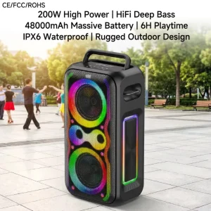 PT21-4 200W Subwoofer Party Speaker 48000mAh Massive Battery IPX6 Waterproof RGB Dazzling Light