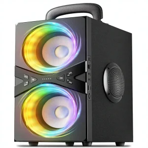 Party Speaker 80W Peak for 5.3 Wood Large Stereo Sound Outdoor Use Deep Bass Loud Lights Portable TF Card USB Long