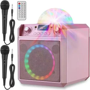 Pink Karaoke Speaker System Dual Microphone Party Audio Player RGB Disco Ball Light
