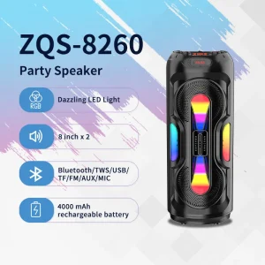 Portable 40W Power ZQS8260 Subwoofer 2*8 Inches Wireless Bluetooth Speaker with RGB LED Lighting for Outdoor Use