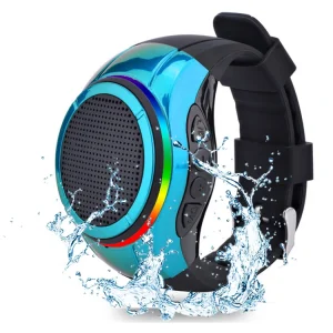 Portable Bluetooth Watch Speaker Waterproof Wearable TWS Voice Control LED Flashing Light MP3 Music Player Mic for Computer
