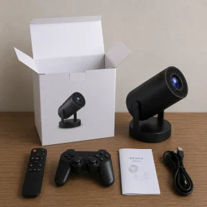 Portable Smart Home Projector with Built in Speaker Carrying Case and 270 Degree Rotation for Home Entertainment Use