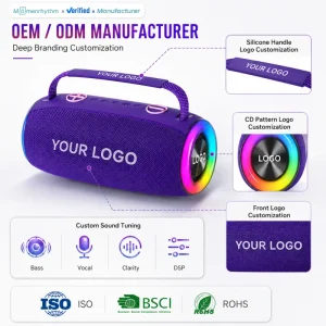 Portable Speaker Waterproof RGB LED TWS Pairing BT5.3 Deep Bass Loud Stereo AUX TF USB FM Radio Outdoor Travel Camping