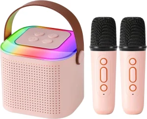 Portable Wireless Karaoke Speaker with RGB Light 2 Microphones for V5.1 Rechargeable Battery and Voice Control