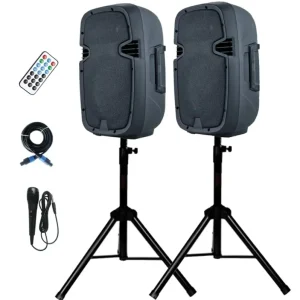 Professional 800W 2 Way PA Speaker System 2x 8″ Loud Party Speakers with BT & TWS Active & Passive Audio Plastic Stand Set