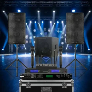 Professional Stage Audio Set 12 Inch Active Subwoofer & Wireless Wooden Speakers Kit