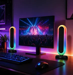 RGB Gaming Speakers with Bluetooth AUX USB Powered Stereo Sound PC Computer Speakers Colorful LED Lights HBC300