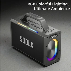 RGB LED Speaker 2 Wireless Microphones for 5.3 100-300W Output Rechargeable Battery Plastic Cabinet for Parties