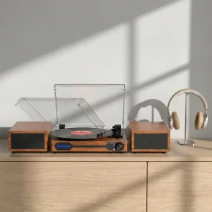 Retro Mid-Century Modern with Independent Speakers 3-Speed Wireless Bluetooth Vinyl Record Player