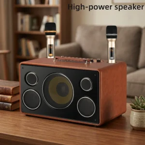 Retro Wooden Speaker with Three Way Audio Crossover USB Wireless Microphone Support AUX BT Guitar Inputs for Karaoke Party Use