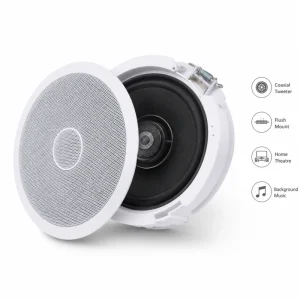 Round Flush Mount Ceiling Speaker for Home Theatre Background Music with White Grille and Coaxial Tweeter