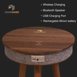 Round Wood Table Design Blue Tooth Double Speaker 10W Each Outdoor With Phone Wireless Charger