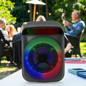 Small 8 Inch Plastic Battery Operated RGB Wireless Mic Karaoke Speaker with AUX for 5.3 20W Extra Bass for Home Family Parties