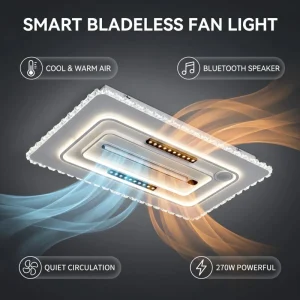 Smart 4-in-1 Bladeless LED Iron Ceiling Fan Light Cool Heater for Music Speaker Stepless Remote Control 105x65cm Home