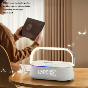 Smart Multi-function 15W Wireless Charger Alarm Clock Temperature Display Phone Holder Portable 10W Wireless Bluetooth Speaker