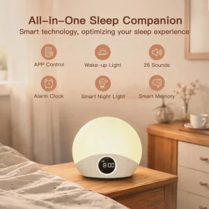 Smart Wake up Light Sunrise Simulation Alarm Clock APP Control Bedside Lamp White Noise Machine for Bedroom Sleep Aid