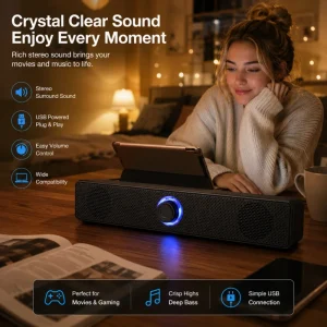 Surround Computer Soundbar Single Color LED Light 2.0 Channel USB Powered Stereo Bass Boost Large Volume Speaker