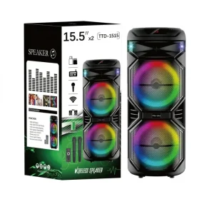 TTD 1515 Dual 15 inch Plastic Outdoor Speaker Two Wireless Microphones RGB Color Lights Powerful Bass