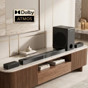 True Dolby Atmos 8″ Wireless Subwoofer 360 Spatial Audio 4K HDR BT Up firing Height Drivers 5.1.2 Soundbar
