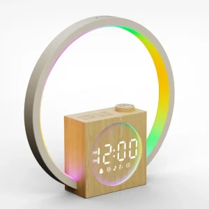 USB Charging Portable Speakers Wood Grain Colored with 12 Light Modes Sunrise Function White Noise Wake Up Light