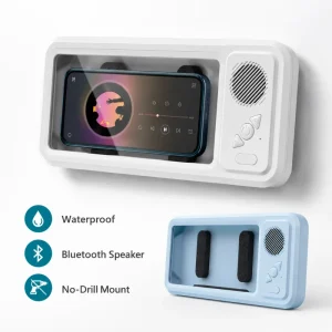 Waterproof Wall Mounted Phone Holder with Wireless Speaker for Smartphones up to 7 Inches No Drill Bathroom Stand