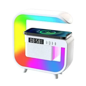 Wireless Charger Lamp RGB Ambient Light BT Speaker With AUX TF Table Alarm Clock Wireless Speaker