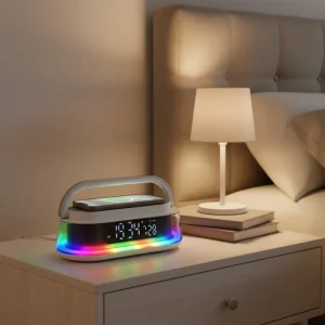 Wireless Charging Speaker with Alarm Clock Bedroom Night Light Bluetooth Speaker with Wireless Charger