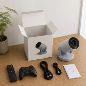 Wireless Smart Home Projector with Android 13 Auto Keystone 180 Degree Rotation and Built in Speaker for Indoor Use
