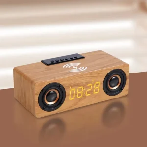 Wood Multifunctional 10W Wireless Fast Charging Speaker Digital Time Display Desk Clock TF Audio FM Wireless Speaker