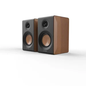 Wooden Bookshelf Speaker 2.0 Channel 60W RMS with Rotary Knobs Volume Treble Bass Adjustment for Desktop Computer Home Use