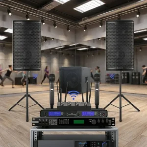 Wooden Wireless Audio System 2.1 Channel for Gym Dance Studio & Spin Room