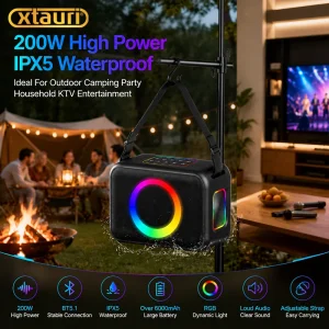 XTAURI LY425 Outdoor Karaoke Speaker with 30-50W Output and RGB LED Lighting for Parties